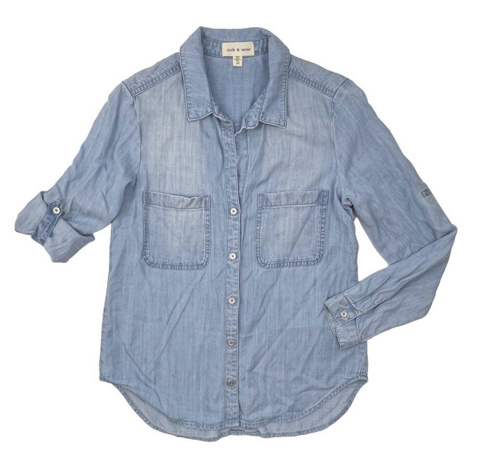 Anthropologie Clothe & Stone Shirt Women XS Chambray Roll-Tab Split Shirt-tail